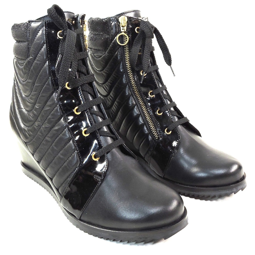 DAVIS CESARETTI 🇮🇹 WOMEN'S BLACK SOFT LEATHER COMFORT WINTER WEDGE BOOTIE - Picture 2 of 8